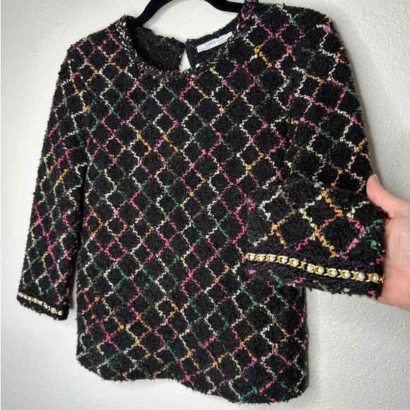 Zara Black Multicolor Boucle Knit Sweater with Pearl Detail on Sleeves Top S - Picture 6 of 14